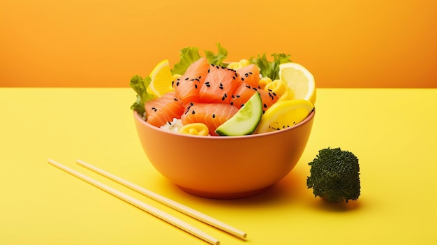 Delicious Japanese poke bowl presented in a professional studio with bright background