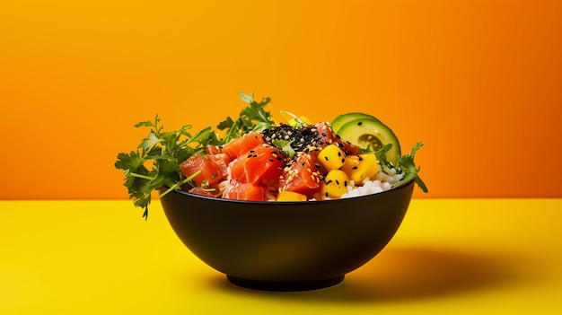 Delicious Japanese poke bowl presented in a professional studio with bright background