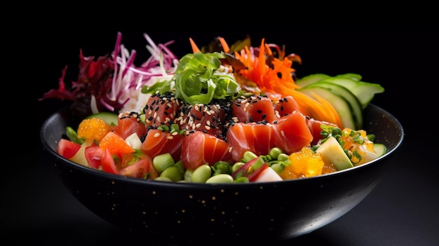 Delicious Japanese poke bowl presented in a professional studio with elegant black background