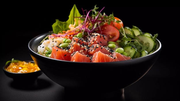 Delicious Japanese poke bowl presented in a professional studio with elegant black background