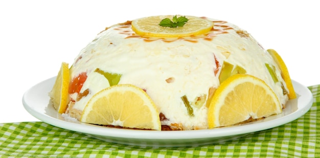 Delicious jelly cake on table on white background