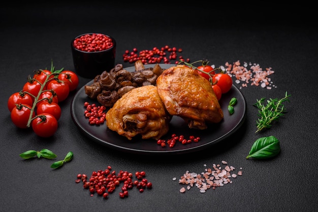 Delicious juicy chicken thighs baked with salt spices and herbs in a ceramic plate