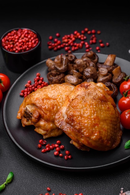 Delicious juicy chicken thighs baked with salt spices and herbs in a ceramic plate