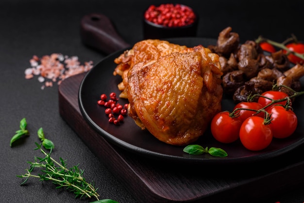 Delicious juicy chicken thighs baked with salt spices and herbs in a ceramic plate