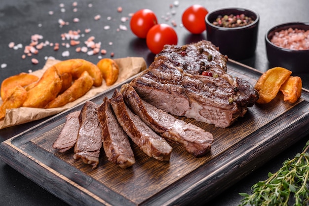 Delicious juicy fresh beef steak with spices and herbs on a dark concrete background. Grilled dishes