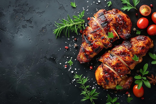 Delicious juicy grilled chicken meat bites with salt spices and herbs on a dark concrete background