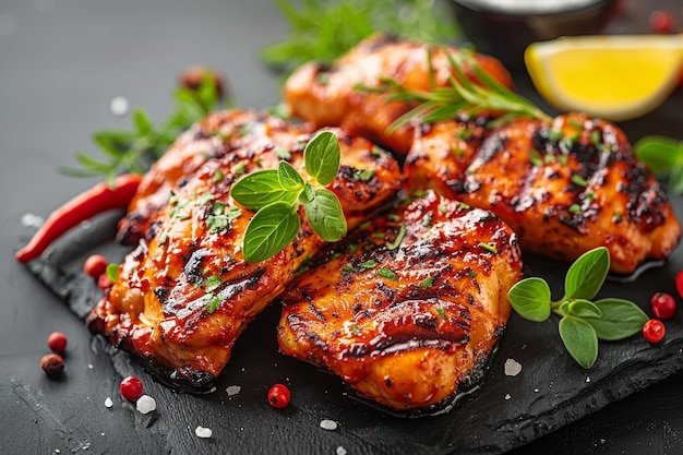 Delicious juicy grilled chicken meat bites with salt spices and herbs on a dark concrete background