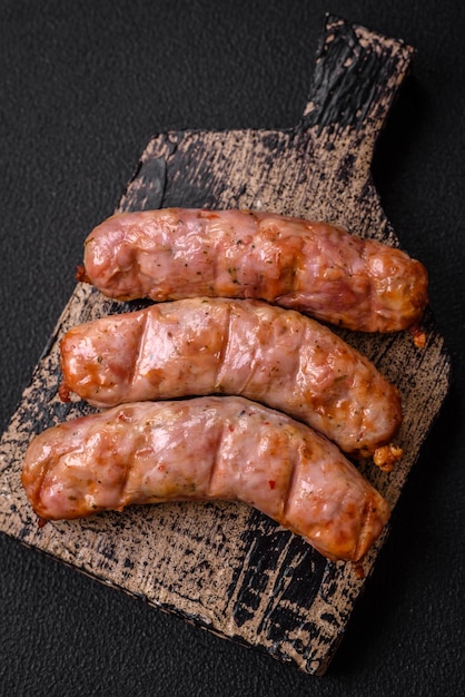 Delicious juicy grilled chicken or pork sausages with salt spices and herbs