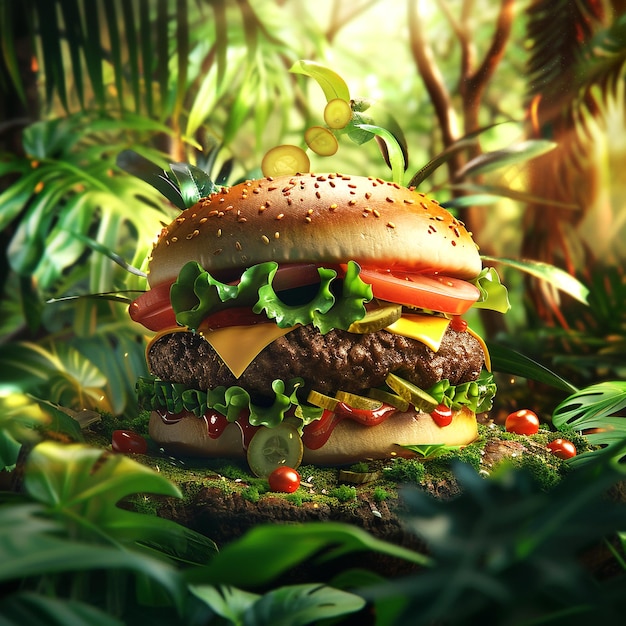 A delicious juicy hamburger in the jungle