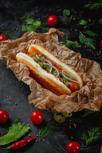 Delicious juicy hot dog with cheese sauce, tomato and fresh herbs in assortment, sandwich on the menu of a fast food restaurant on a dark stone table. Healthy option of fast food.