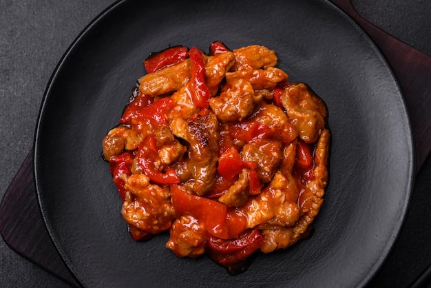 Delicious juicy meat with hot peppers and sauce on a black ceramic plate on a dark concrete background