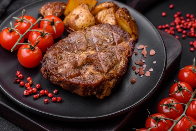 Delicious juicy pork or beef steak grilled with salt spices and herbs