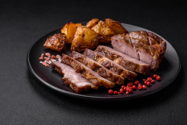 Delicious juicy pork or beef steak grilled with salt spices and herbs