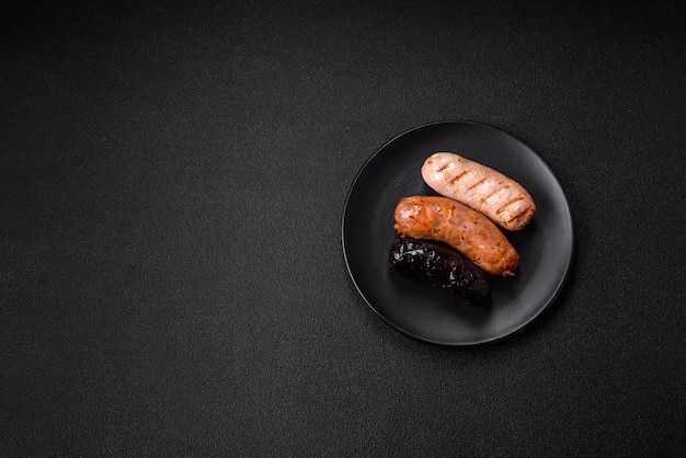 Delicious juicy sausages of several varieties grilled with salt spices and herbs on a dark concrete background