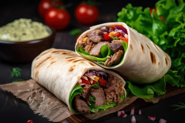 Delicious Kebab Wrap with Grilled Meat and Fresh Vegetables