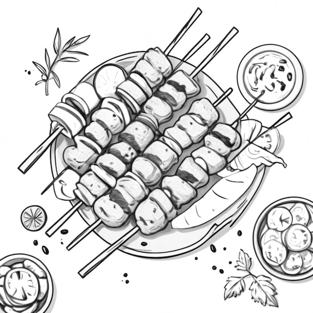 Delicious kebabs with fresh ingredients realistic images HD resolution line art white background