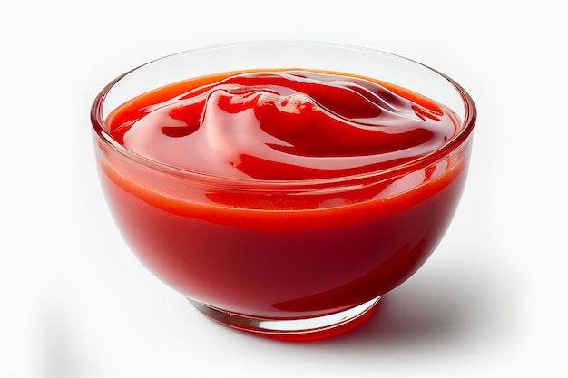 Delicious ketchup in glass bowl isolated on white background. Portion of tomato sauce with clipping