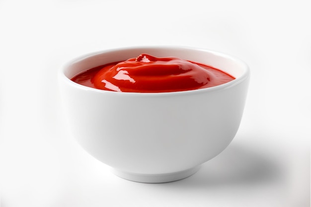 Delicious ketchup in white bowl isolated on white background. Portion of tomato sauce with clipping