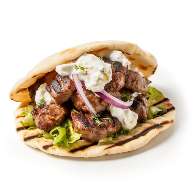 Photo delicious lamb souvlaki burger isolated on white background