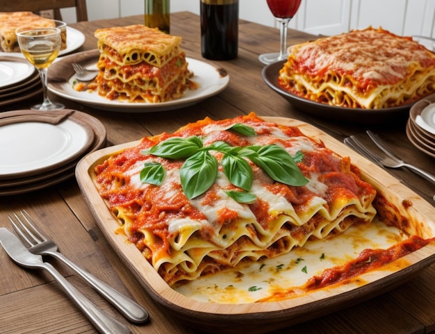 A delicious lasagna on a wooden table