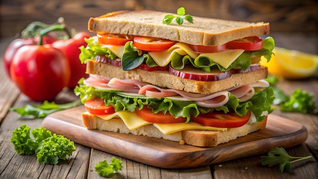 Delicious layered sandwich with cheese ham and fresh vegetables on toasted bread perfect for a he