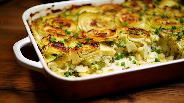 Delicious Layered Vegetable Gratin with Golden Crust on a White Plate