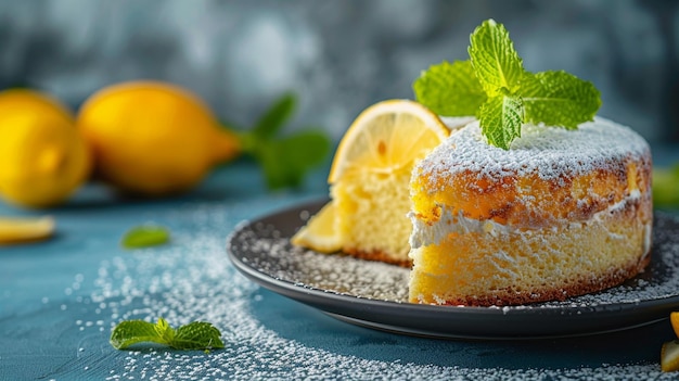 Photo delicious lemon cake with powdered sugar on plate