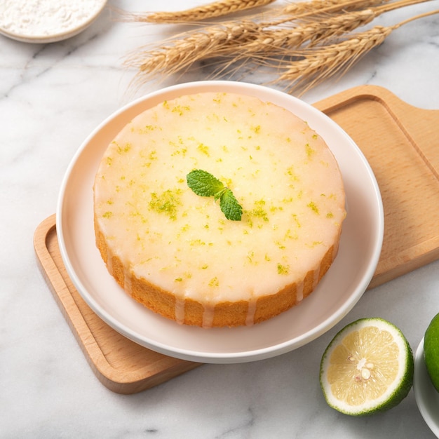 Delicious Lemon Glazed Pound Sponge cake on white marble table background