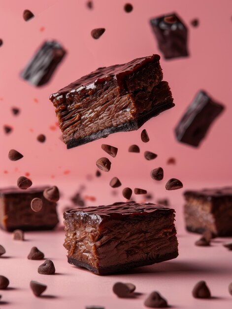 Delicious Levitating Chocolate Brownies with Chocolate Chips on Pink Background