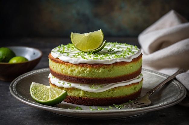 Delicious lime cake with fresh lime slices