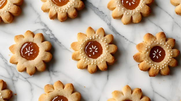 Delicious Linzer Cookies with Caramel Filling Arranged on Elegant Marble Surface