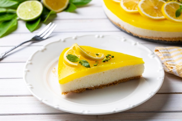 Delicious looking lemon cheesecake. Food concept photo.