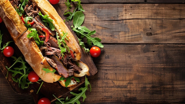 Delicious looking pulled pork sandwich with fresh greens and tomatoes on rustic wooden surface