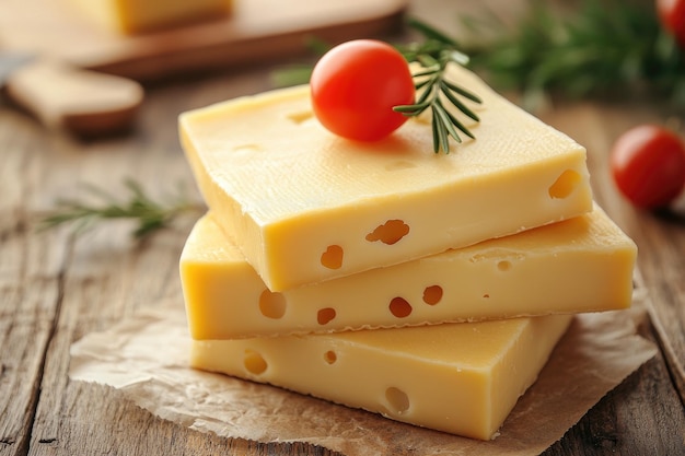 Delicious maasdam cheese with holes on wooden board decorated with herbs