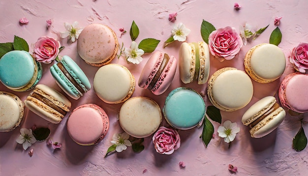 Delicious macarons on pink background Tasty cookies Sweet dessert Flat lay