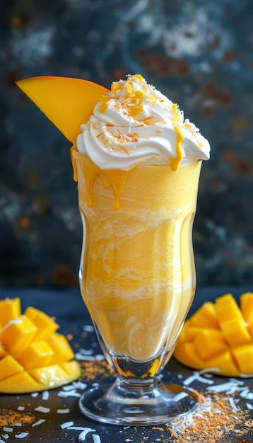 Delicious Mango and Coconut Milkshake with Whipped Cream and Topping Perfect for Summer Refreshment