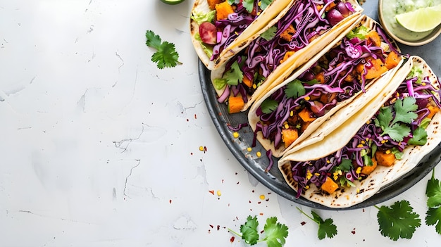 Delicious Maple Glazed Sweet Potato Tacos on Wooden Platter Stock Photo