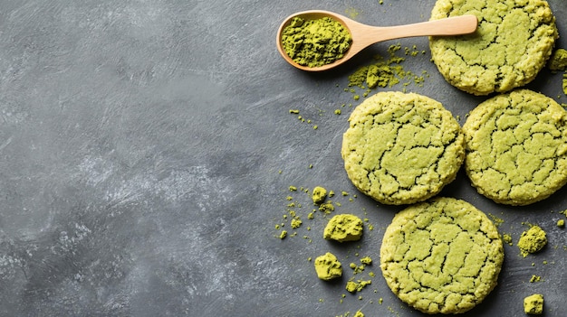 Photo delicious matcha cookies and wooden spoon powder on grey background