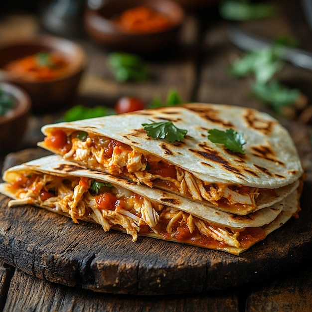 Delicious Maxician Quesadilla with Melting Cheese Chicken Veggies and Dipping Sauces