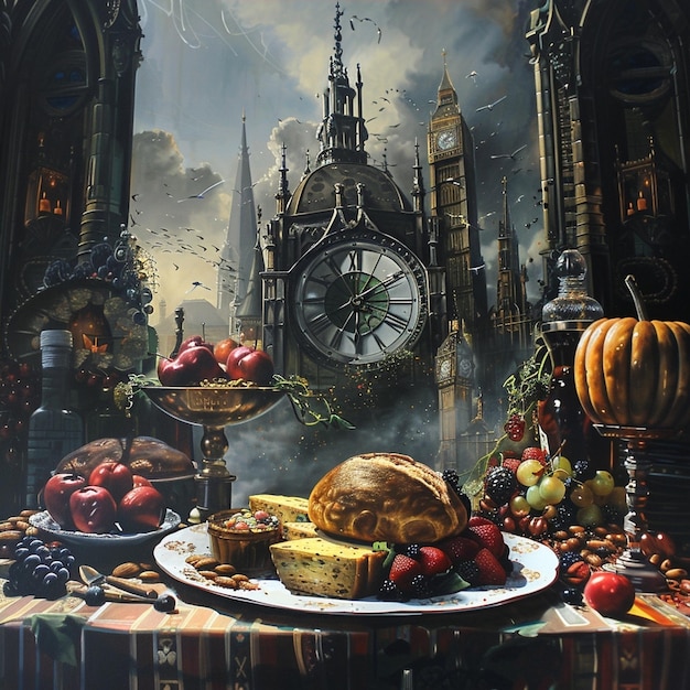 Photo delicious meal served in a historic setting with a majestic clock tower