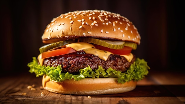 delicious meat burger with cheese and salad in the background