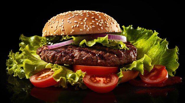 delicious meat burger with cheese and salad in the background