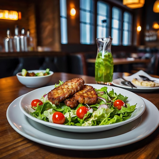 Delicious meat fresh green salad and vegetables menu with cool drink on the table