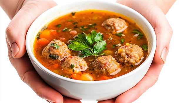 Delicious Meatball Soup in Hands Isolated on White Background