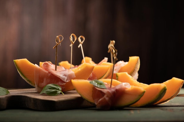 Delicious melon wrapped in prosciutto on wooden board