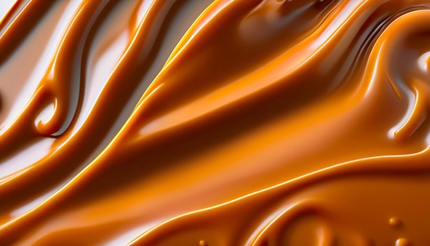 Delicious melted caramel texture Flow wave and drops splash caramels sauce Sweet food design background AI Generative