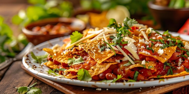 Photo delicious mexican chilaquiles with colorful toppings and a side of beans concept mexican cuisine chilaquiles recipe colorful toppings side dishes delicious breakfast