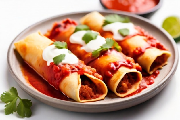 Delicious mexican enchiladas with red sauce on white background