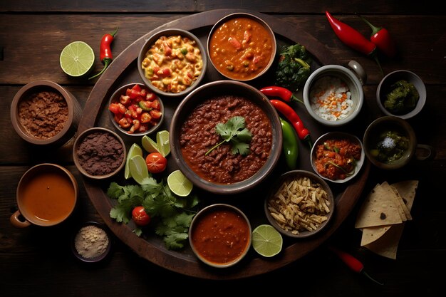 Delicious mexican food arrange in frame on wooden table