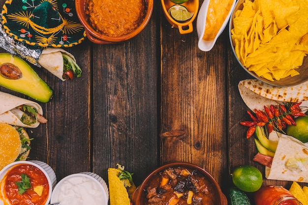 Delicious mexican food arrange in frame on wooden table